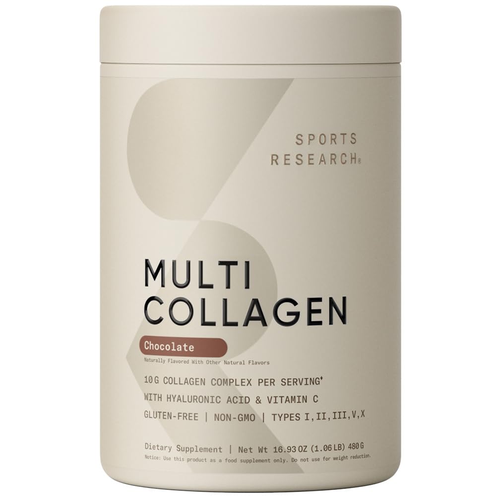 Sports Research Multi Collagen Protein Powder (Tipo I, II, III, V, X) con ácido hialurónico + Vitamina C TENIDO 5 Tipos de Collagen basado en alimentos, 30 Servimientos (Chocolate)
