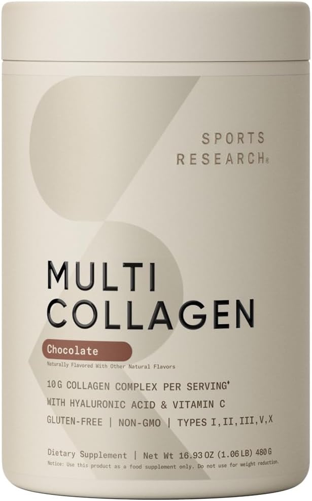Sports Research Multi Collagen Protein Powder (Tipo I, II, III, V, X) con ácido hialurónico + Vitamina C TENIDO 5 Tipos de Collagen basado en alimentos, 30 Servimientos (Chocolate)
