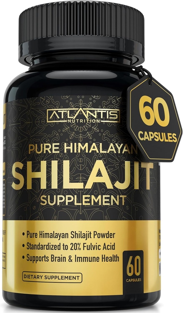 Atlantis Nutrición Himalayan Shilajit Capsules Formulado con 20% Ácido Fulvico Silencioso 10:1 Extracto Proporcionando 10,000mg D.H.E. Silencio EE.UU. Hecha  habit Himalayan Shilajit Suplemento para Hombres &amp; Mujeres Silencioso 60 cápsulas