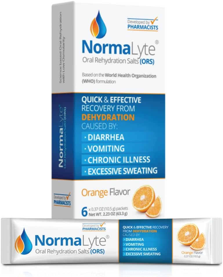 NormaLyte Oral Rehydration Salts- Pack of 6 (Orange) ¦ Electrolytes, Suplementos de Energía, Electrolytes Packets, Hydration Sachet, Potassium Supplement, Vegan, Dehydration Recovery