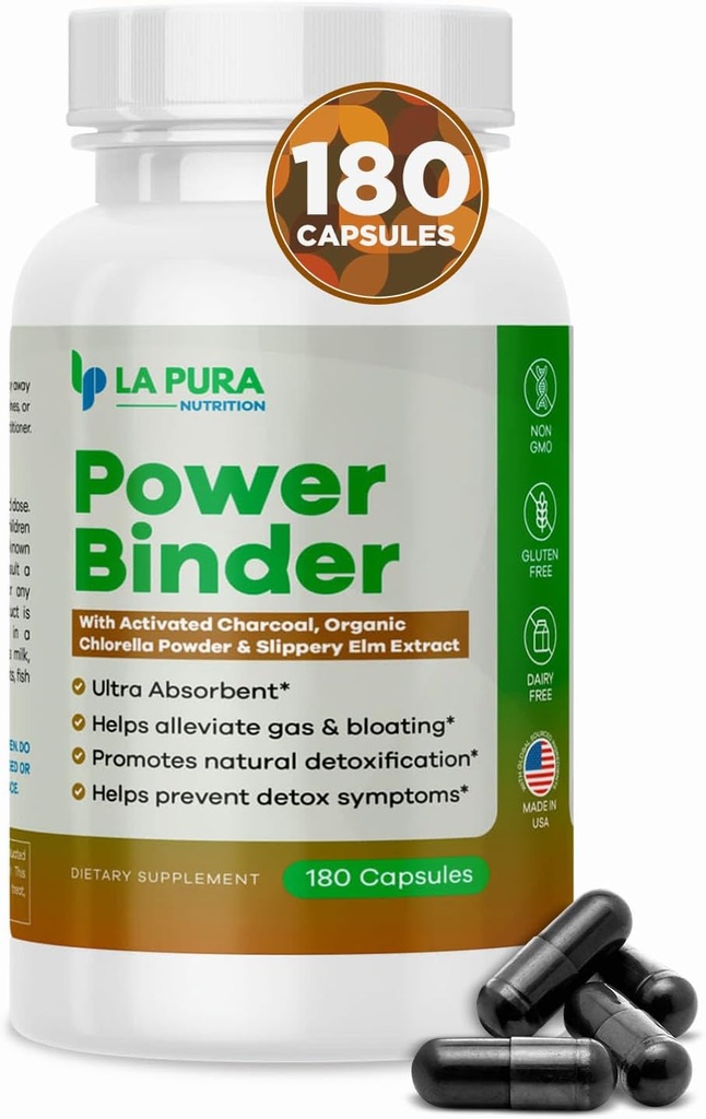 LaPura Power Binder Blend – Detox &amp; Cleanse with Activated Charcoal, Organic Chlorella Powder " Slippery Elm Extract – Helps Alleviate Gas " Bloating – Promotes Natural Detoxification - 180 Capsules