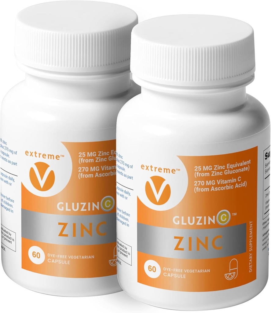 Zinc MG25+VC Dual Pack ← Daily Zinc Gluconate + Vitamina C ANTE 25mg + 270mg ANTE Fórmula Limpia, Vegan-Friendly, (2 Botellas, 120 Capsulas Vegetarianas)