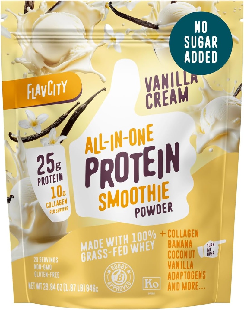 FlavCity Grass Fed Whey Protein Powder - Vanilla Smoothie - 25g Protein &amp; 10g Collagen - Hecho con Real Vanilla Bean &amp; Organic Coconut Milk - Gluten Gratis &amp; No Añadido Sugares (20 Servings)