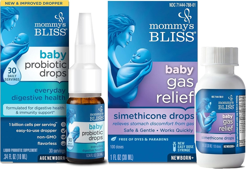 Mama's Bliss Baby Probiotic Drops Todos los días para Salud Digestiva e Inmunitaria, 30 Servings (Pack of 1) con Fast-Acting Baby Gas Relief Drops 100 Servings (Pack of 1)