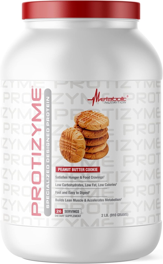 Nutrición metabólica, Protizyme, 100% Whey Protein Powder, Alta Proteína, Baja Carb, Bajo Grado con Enzimas Digestivas, 24 Vitaminas y Minerales Esenciales, Peanut Butter Cookie, 2 Libra