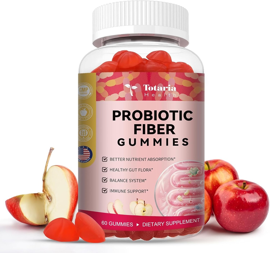 Totaria 9-in-1 Probiotic Fiber Gummies for Adults & Teens 16G Fiber per Serving, Psyllium Fiber Supplement with 5 Billion CFU Bacillus Coagulans, Inulin, ACV for Digestive & Gut Wellness - 60 Gummies