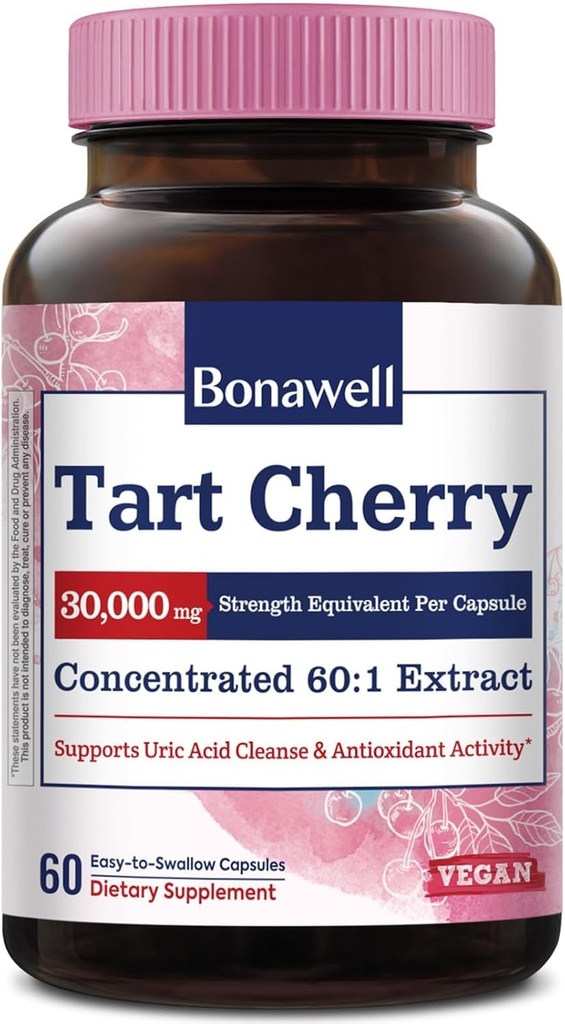 Bonawell Tart Cherry Capsules 60:1 Extracto, 30000mg Fuerza, Hecho de Montmorency Tart Cherries, Powerful Uric Acid Cleanse, 2 Month Supply, 60 cápsulas