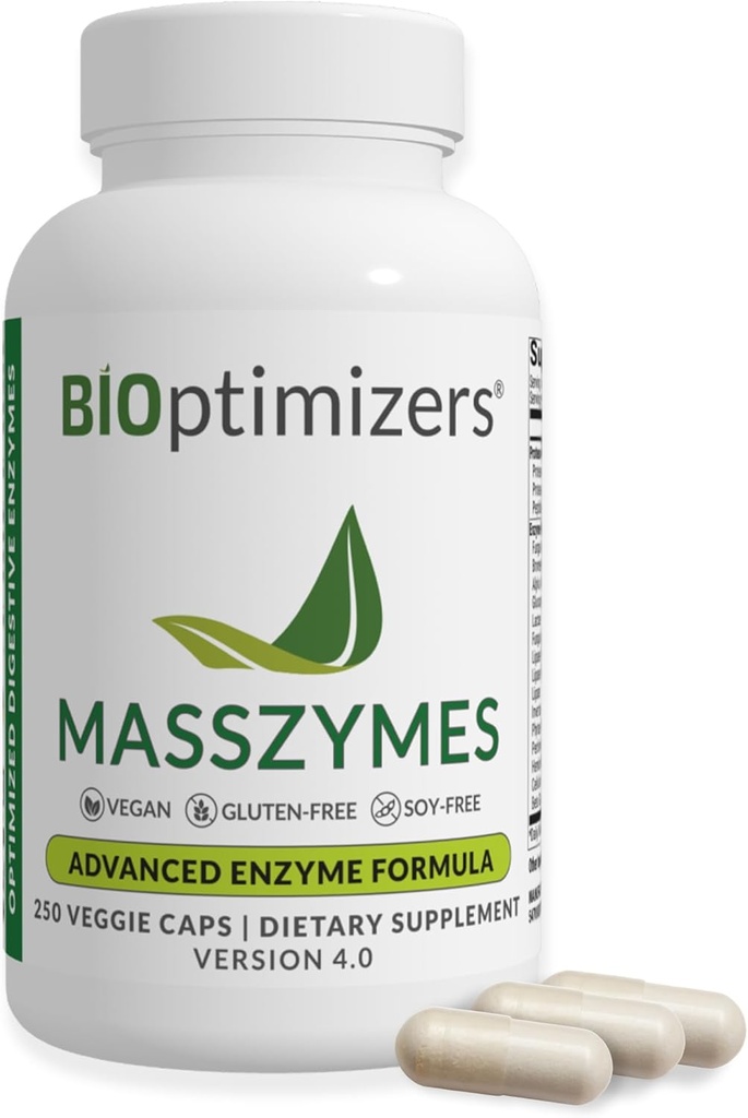 BiOptimizers MassZymes - Suplemento completo de Enzymes Digestivos para Gut Health - Bloating Relief for Men and Women - Lipase Amylase Bromelain Digestive Enzymes (250 cápsulas)
