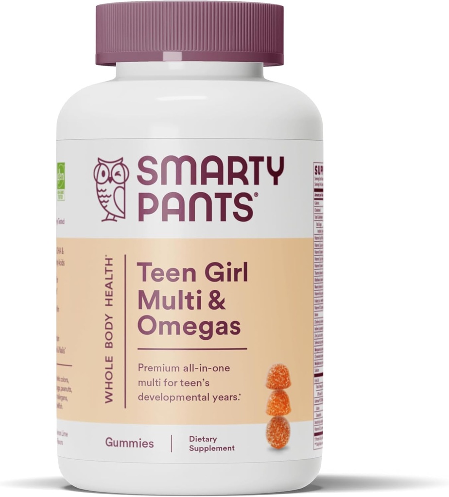 SmartyPants Teen Girl Multivitamin Gummies: Omega 3 Fish Oil (EPA/DHA), Vitamina C, D3, B12, Vitamina A, K & Zinc, Gluten Free, Incluye Biotina para soportar el cabello, piel &amp; uñas, 120 Cuenta (30 Day Supply)