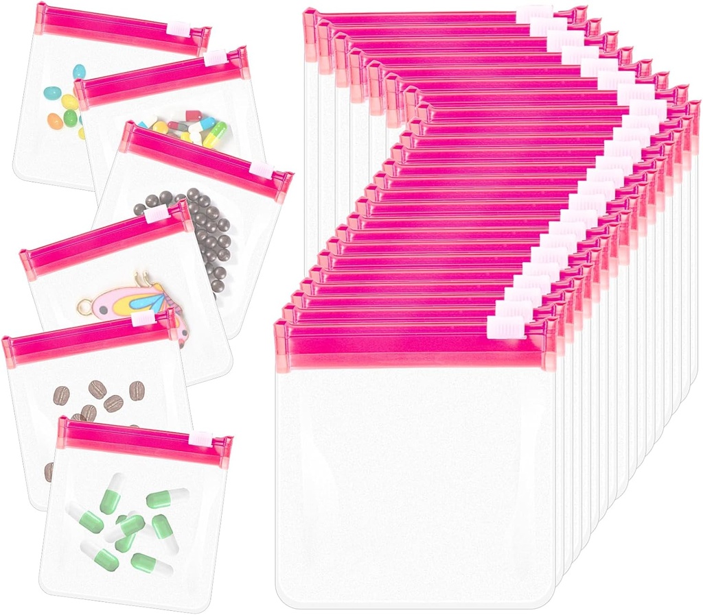 24 Pcs Travel Pill Packets Pill Pouch Bags Reusable Zippered Medicine Bag Set Self Sealing Clear Plastic Medicine Organizer with Slide Lock Bags for Pills Small Items Storage, Pink