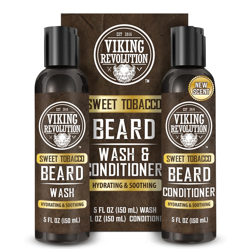 Vikingo Revolucion Beard Wash and Beard Conditioner for Hombres with Argan Oil and Jojoba Oil - Beard Softener and Strengtheninger Beard Care Beard Shampoo and Conditioner with Beard Oil (5oz, Sweet Tobacco)