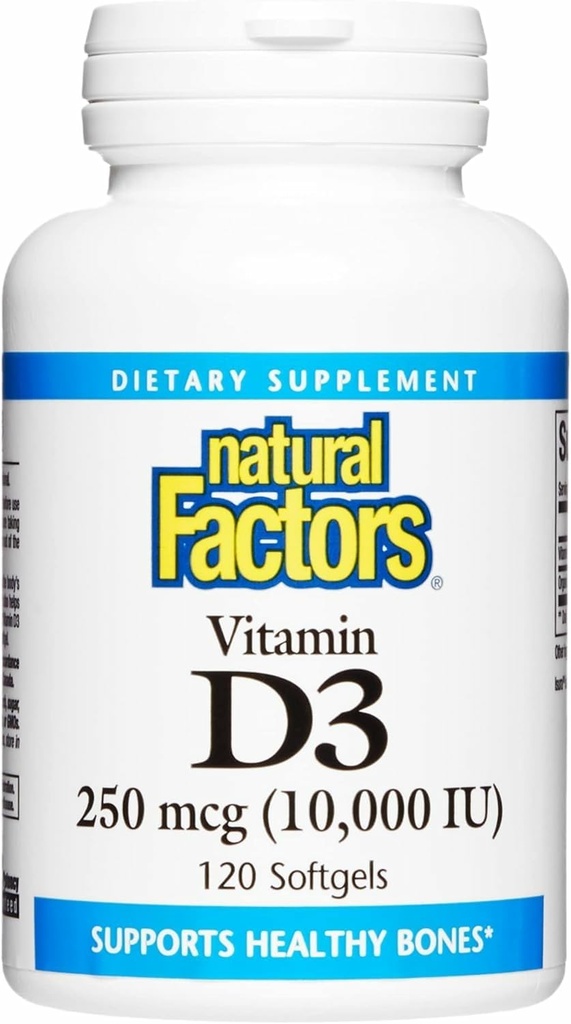 Factores naturales Vitamina D3 - Suplemento diario para bonificación &amp; Soporte - Ayudas de suplementos de vitamina D Función del sistema inmunológico saludable - soporta uniones fuertes " rodillas - 120 Softgels (120 piezas)