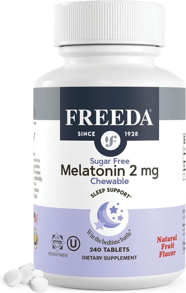 FREEDA Melatonin 2mg Chewables sin azúcar – Asistencia natural para adultos y niños – Vegan, Kosher, Gluten-Free, Non-GMO, Easy Bedtime Support – 240 Tablets