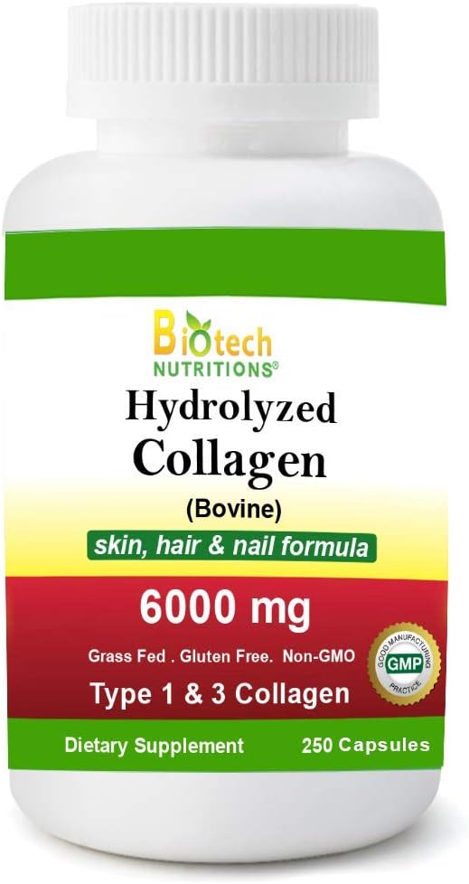 Collagen hidrolizado Bovine Tipo 1 & 3 6000 mg Servir 250 Tabletas Grass Gluten Gluten Free Non-GMO