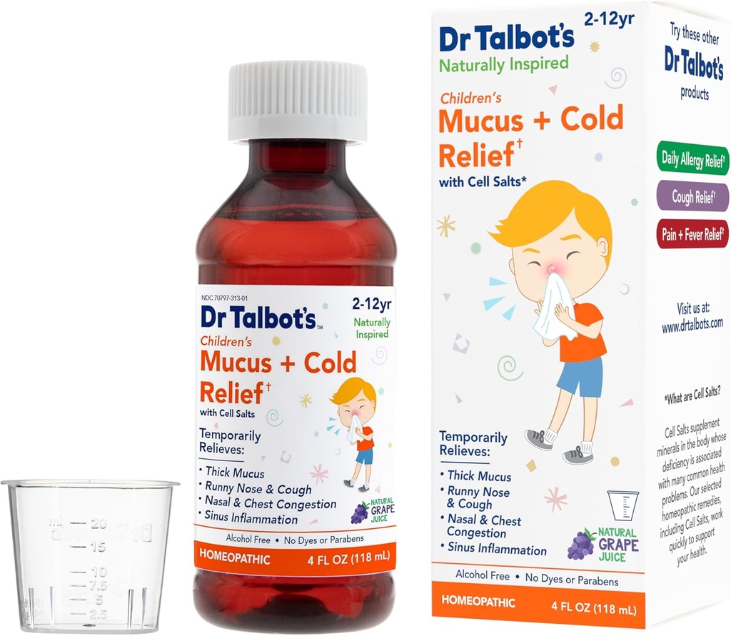 Dr. Talbot's Mucus + Cold Relief Liquid Medicine, Naturally Inspired, for Children, Includes Dosage Cup, Natural Grape Juice Flavor, 4 Fl Oz