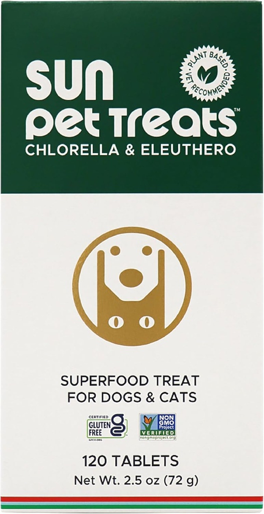 Sun Chlorella Sun Pet Treats Green Superfood Cat & Dog Supplement - Chlorophyll Eleuthero &amp; Lecithin, Minerals, Antioxidantes &amp; Vitaminas para perros &amp; gatos - Immune Defense, Skin & Gut Health - 120 Bites
