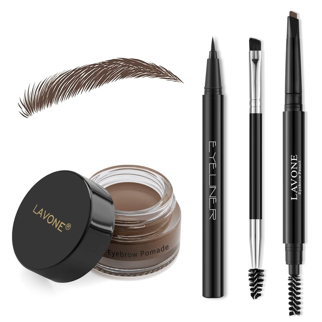 Kit de maquillaje LAVONE con lápiz de sello de cejas, lápiz de cuervo impermeable &amp; Pomade, Eyeliner, cepillo de cejas de doble mano, marrón oscuro