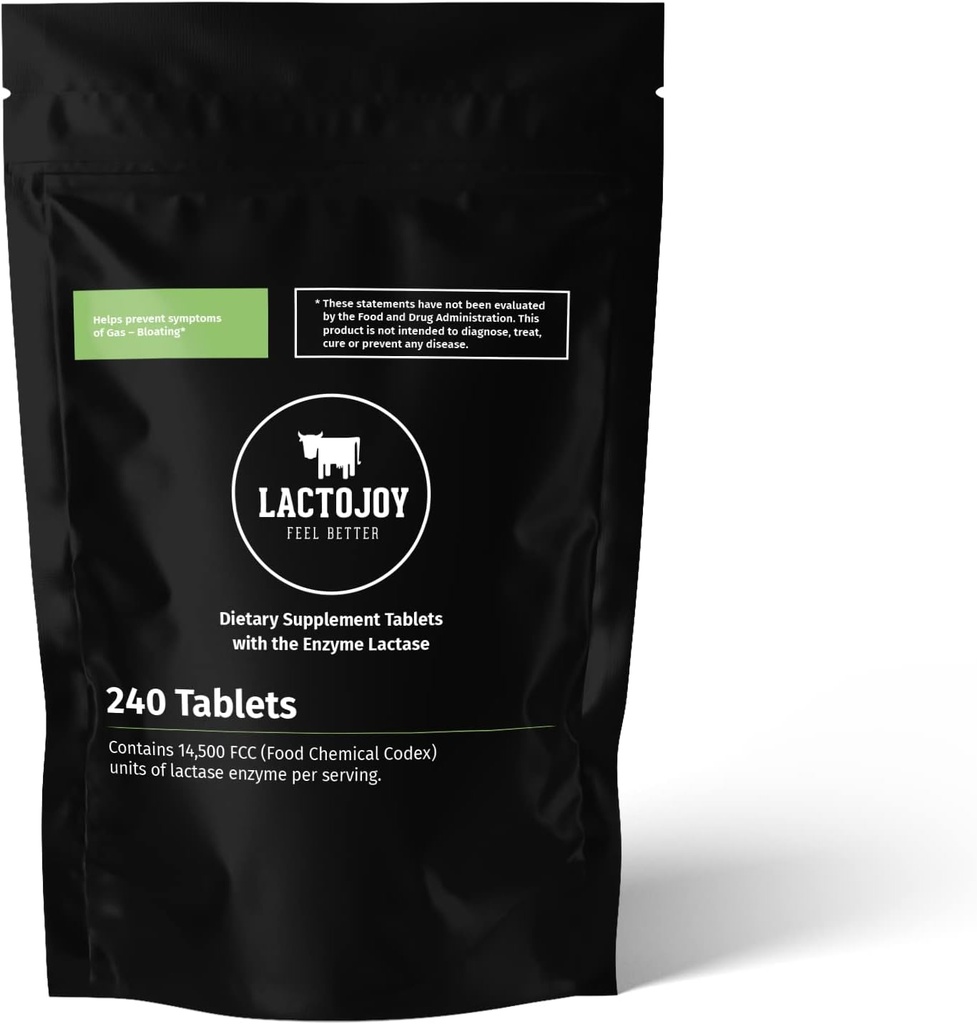 LactoJoy Lactase Pills 14.500 FCC I 240 Pieces Refill Package I Potente Enzymes de Lactase para Intolerancia de Lactosa I Ultra Pure Lactase para mejorar la Digestión I 100% Vegan