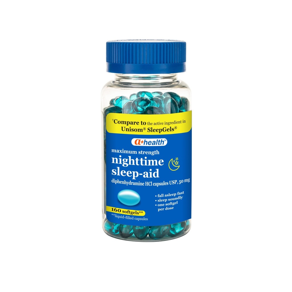 A+Health Nighttime Sleep Aid Diphenhydramine 50mg Softgels, Maximum Strength, 160 Count