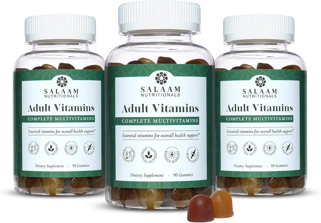 Nutricionales de Salaam - Multivitaminas de Adultos, Gummies de Vitamina para Mujeres y Hombres, Multivitaminas para Adultos con 11 Vitaminas y Minerales Esenciales, 90 Conde, 3 Packs