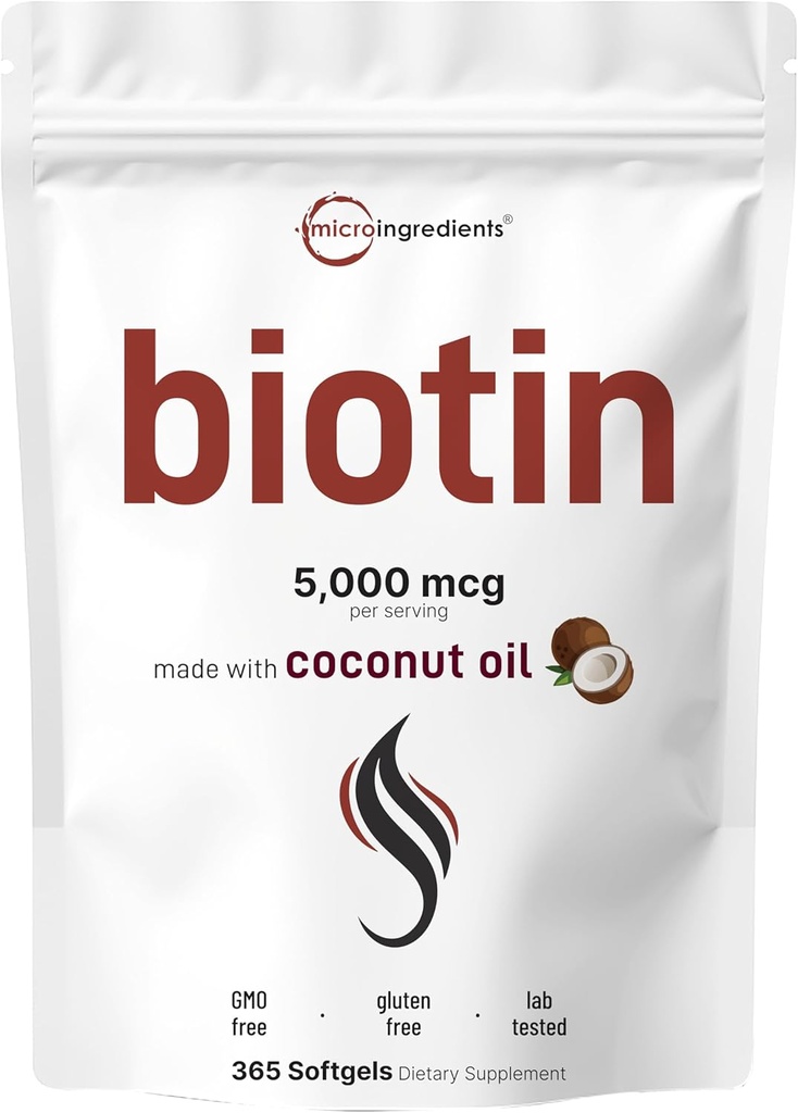 Micro Ingredientes Biotina 5,000mcg viv 365 Virgin Coconut Oil Softgels, Fast Release, One Year Supply ¦ Support Healthy Hair, Skin, " Nails  durable Non-GMO, No Gluten