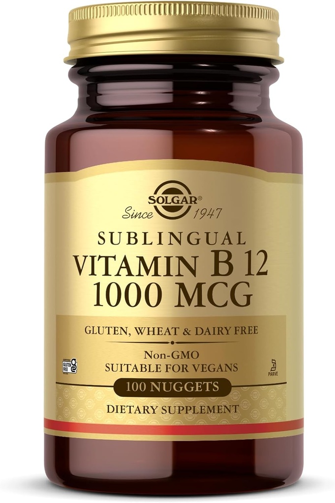 Solgar Vitamina Sublingual B12 1000 mcg - 100 Nuggets - Non-GMO, Vegan, Gluten Free, Dairy Free, Kosher, Halal - 100 Servings