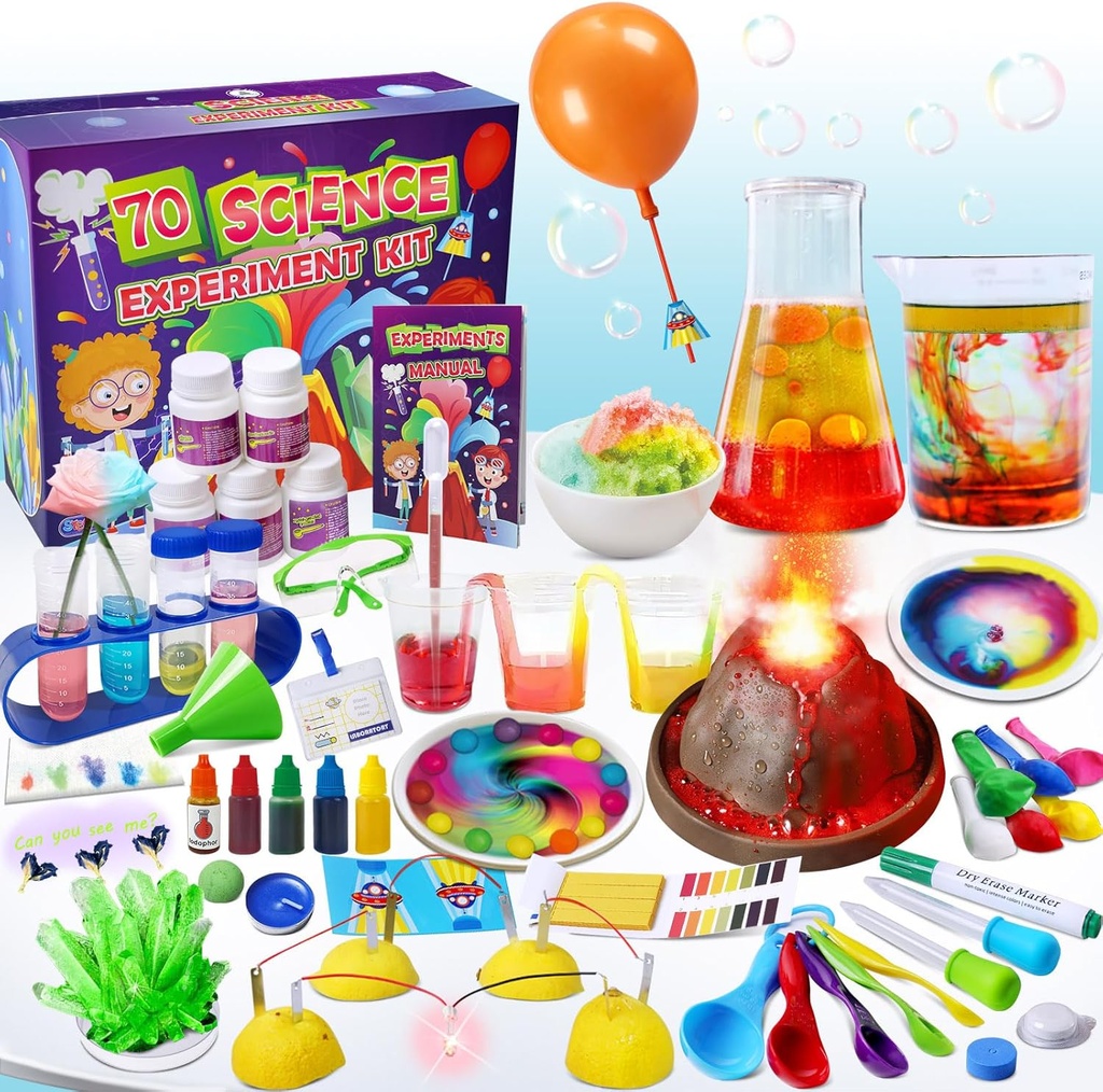 UNGLINGA 70 Kits de Ciencias de Laboratorios para Niños Juguetes Científicos Educativos Regalos de Cumpleaños Idea para Niñas, Juego de Química, Volcán Eruptor, Circuitos de Frutas, S.T.E.M Activities Science Project