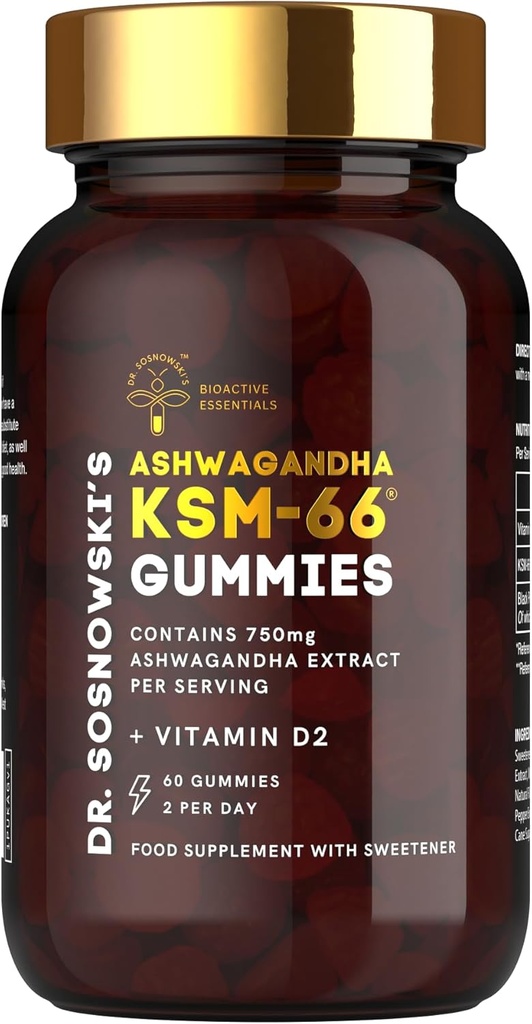 Dr Sosnowski BioActive KSM-66 Ashwagandha Gummies tención 750mg Ashwagandha Extracto con vitamina D2 (60 Gummies)