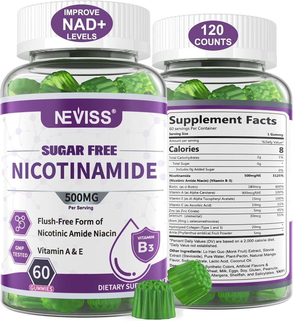 Sugar Free Nicotinamide 500mg Gummies, (Flush Free Niacin) Vitamina B3 Niacinamide Suplemento para la energía celular Metabolismo " Reparación, Vitalidad, Envejecimiento saludable, Sabor de arándano, Fácil de Chew, 120 Cts