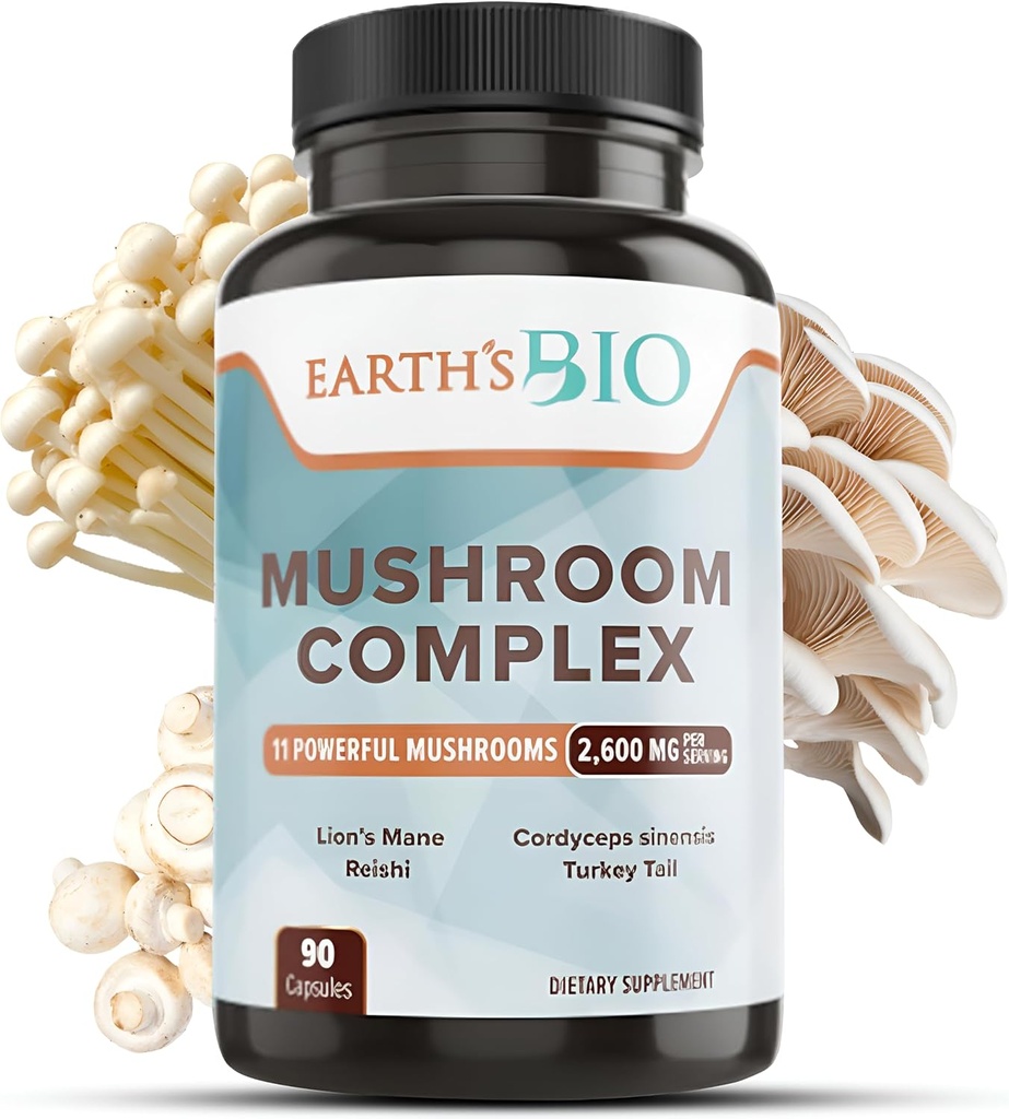 Complejo de Suplemento de Setas Biológicas de la Tierra 2,600 mg por Serving, 90 Caps, con el seno de Mane de León Orgánico, Turquía Tail, Enoki Agaricus, Botón Blanco y Oyster Mushroom - Memoria &amp; Apoyo Inmunitario