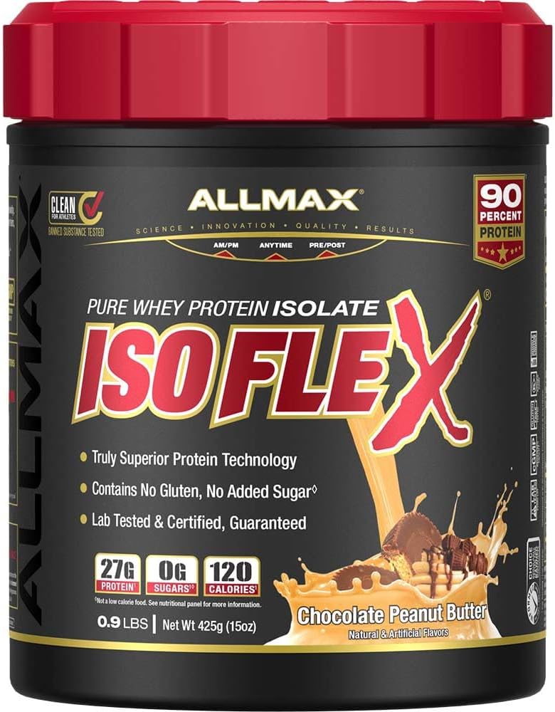 ALLMAX Nutrition ISOFLEX Whey Protein Isolate, Chocolate Peanut Butter - 0.9 lb - 27 Gramos de Protein Por Scoop - Zero Fat & Sugar - 99% Lactose Free - Gluten Free &amp; Soy Free - Approx. 15 Servicios