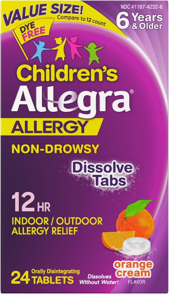 Alivio de Alergia de 12 horas Alivio de Alergia Oral Disolver Tabletas, Medicina de Indoor y Alergia al aire libre, 30 mg Fexofenadine HCI Antihistamina para niños, Orange Cream Flavor, 24-Count