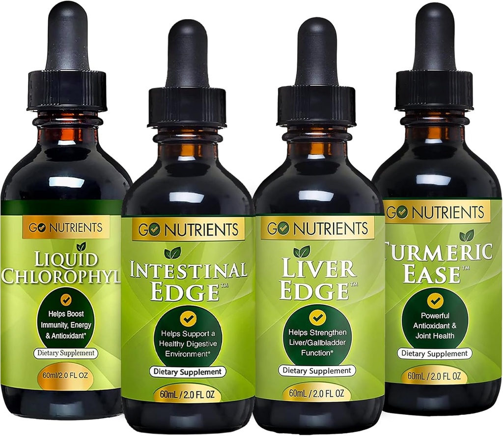 Go Nutrients Digestion " Detox Bundle – Liquid Chlorophyll, Liver Edge, Intestinal Edge, Turmeric Ease – apoya la limpieza, la digestión, la salud del hígado y la defensa del cuerpo, revitalizar la piel " virtualidad