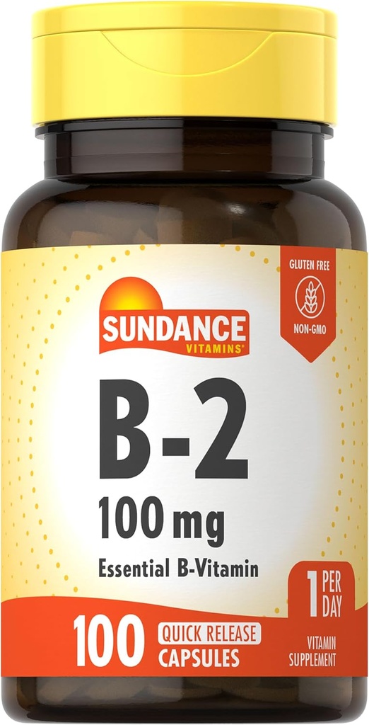 Sundance Vitamina B-2 tención 100mg tención 100 Capsules ← Esencial Suplemento de Vitamina ← No GMO y Fórmula Libre Gluten