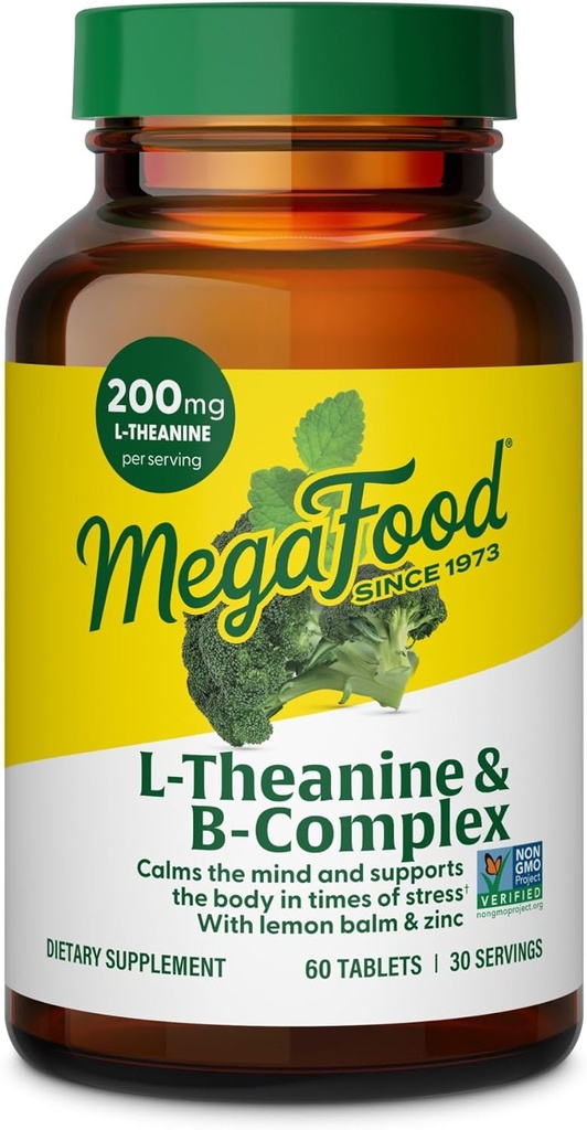 Complejo MegaFood L-Theanine &amp; Vitamina B - 200 mg L Theanine Suplemento con vitaminas Complejo B para Hombres Mujer - Plus Limón Leaf & Zinc - Vegan, Gluten Gratis, No GMO - 60 Tabletas, 30 Serviciones