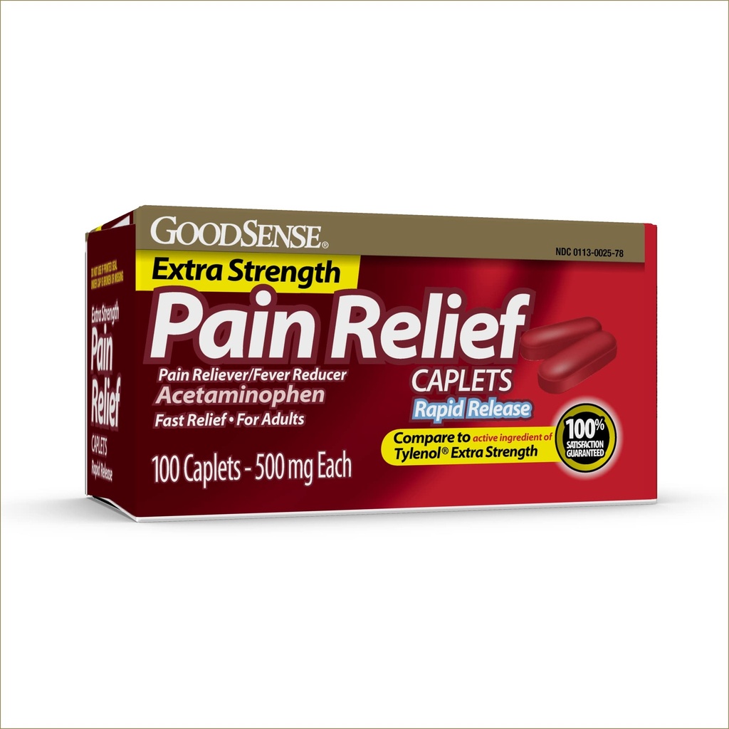 GoodSense Rapid Release Pain Relief, Acetaminophen Caplets 500 mg, Extra Strength Pain Reliever and Fever Reducer, 100 Count