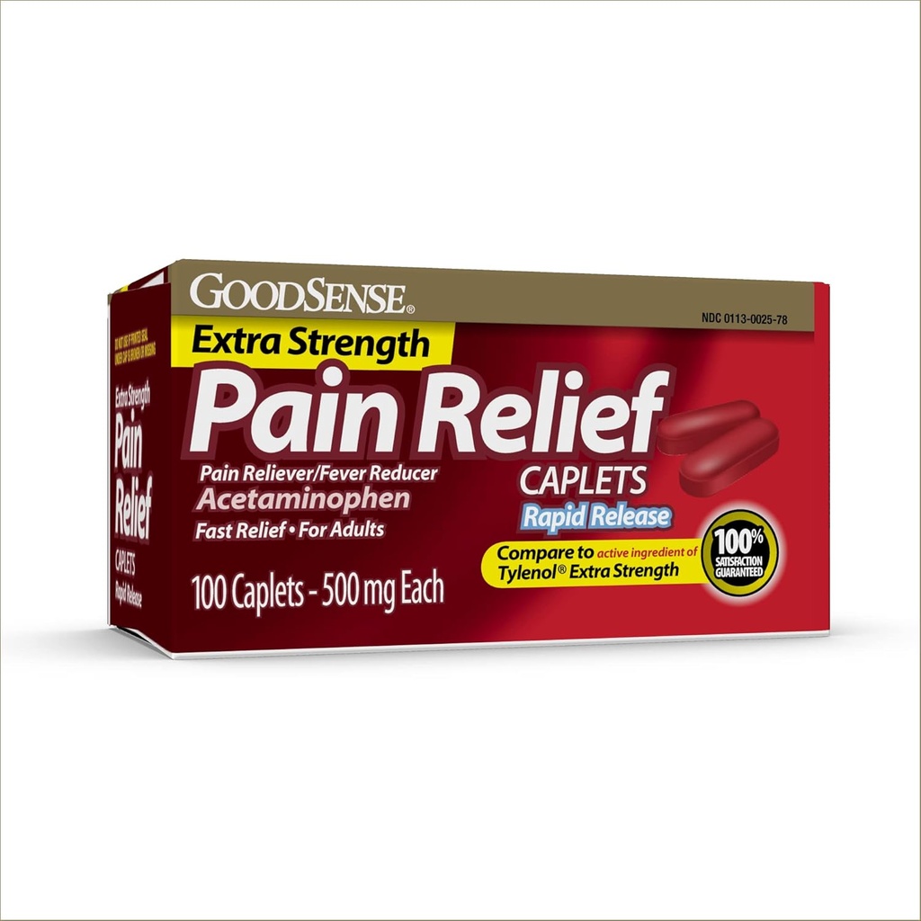 GoodSense Rapid Release Pain Relief, Acetaminophen Caplets 500 mg, Extra Strength Pain Reliever y Fever Reducer, 100 Conde