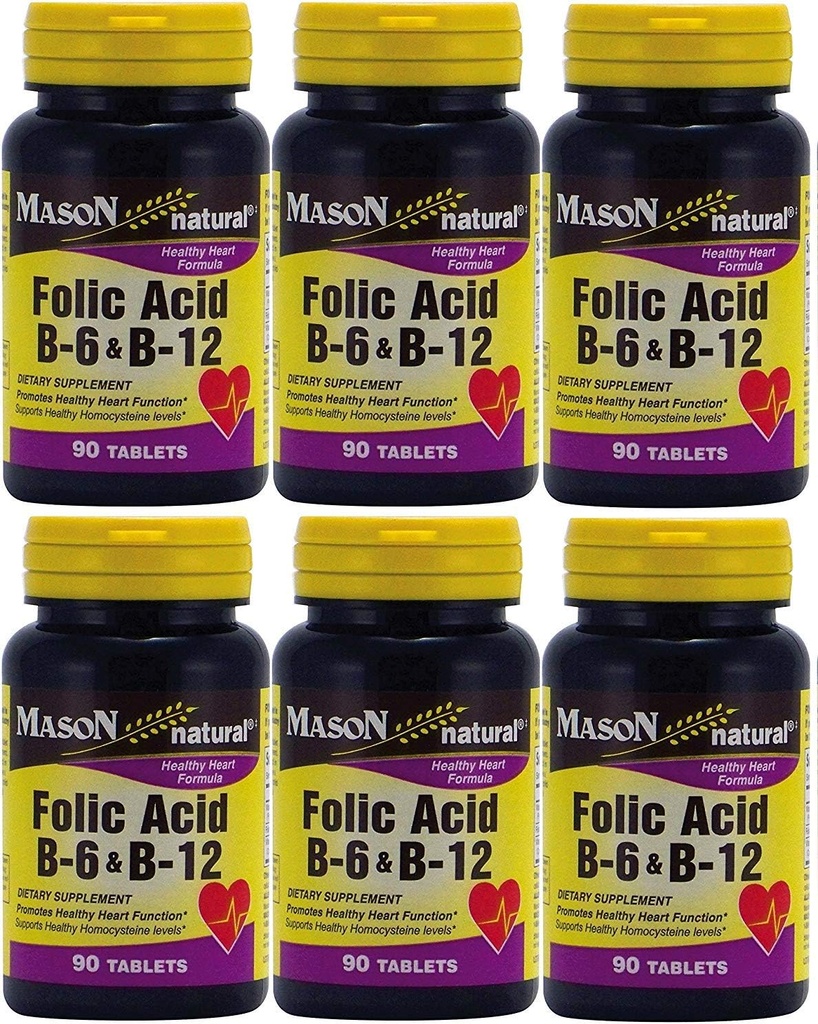 Mason Vitamins Folic Acid B-6 & B12 Heart Health Formula 90 Tablets per Bottle Pack of 6 Total 540 Tablets