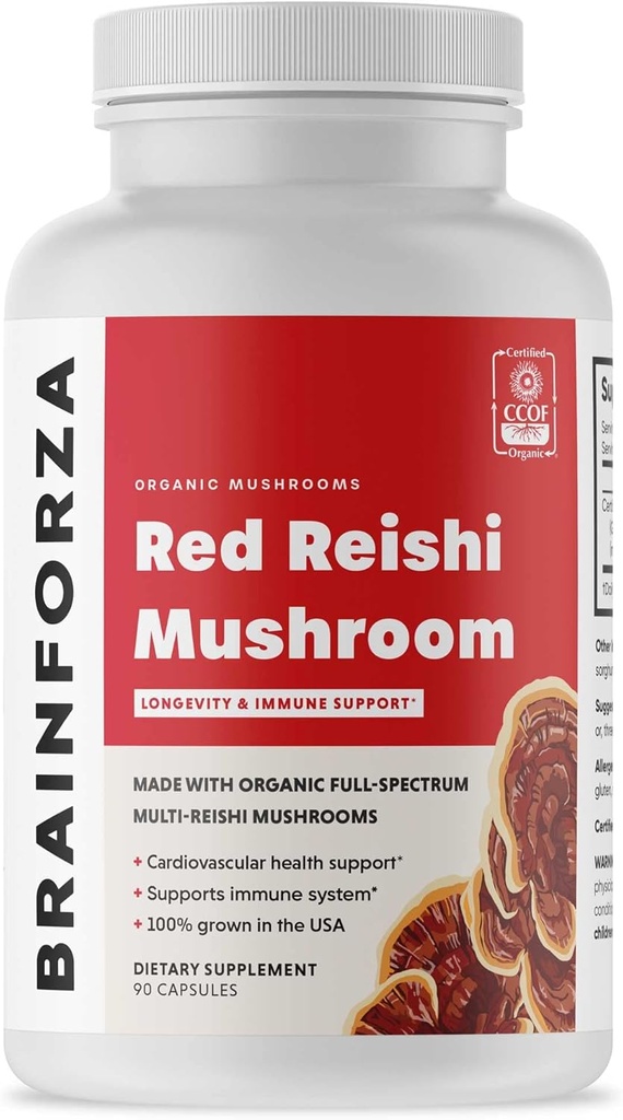 Cerebro Forza Orgánica Red Reishi Mushroom Capsules, Adaptogenic Mushroom Powered Immune Support, Heart and Cardiovascular Health, General Wellness and Vitality, Non-GMO, Vegan, Orgánico, 90 cápsulas