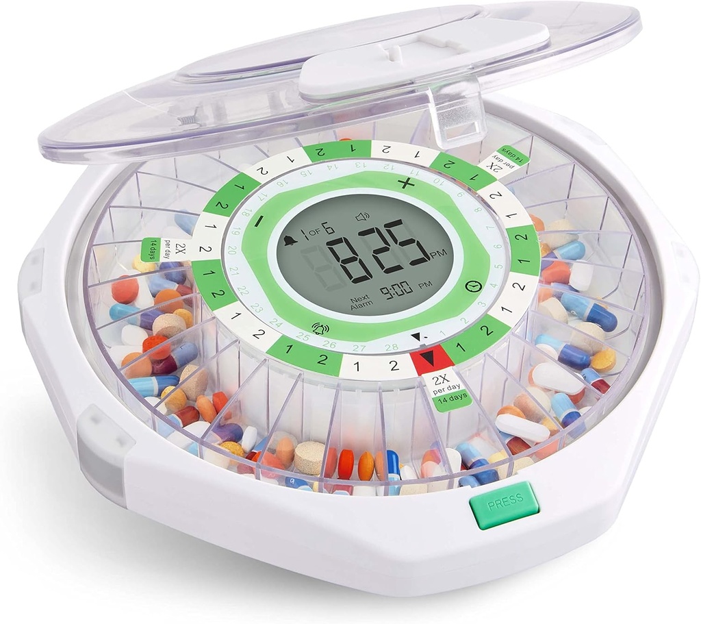 Live Fine 28-Day Automatic Pill Dispenser Frosted Lid with Upgraded LCD Display and Key Lock, Sound & Light for Prescriptions, Medication, Vitamins, Supplements & More