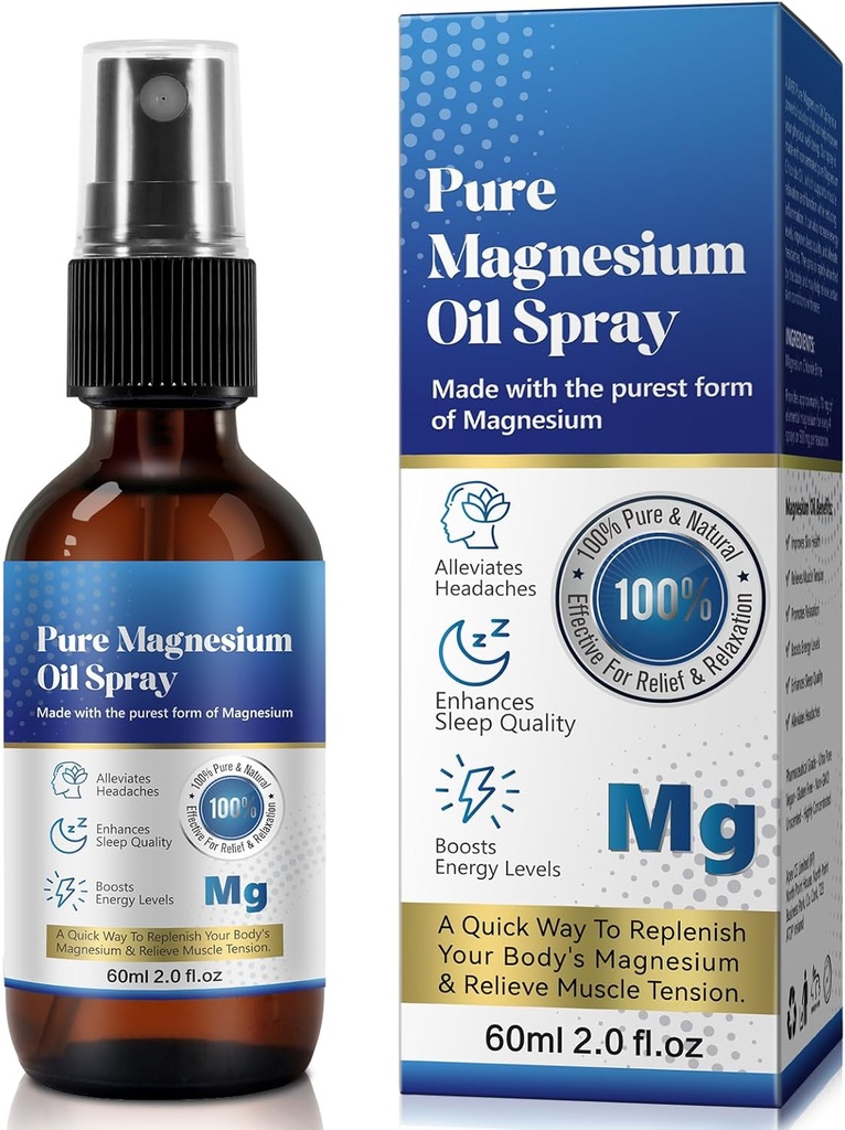 Puro Óleo de Magnesio Topical Spray, Espray de Magnesio para Pies, 100%, Absorción Rápida - Fuente natural con Espejo potente de aceites esenciales, Replenish Body- 2.02 fl oz