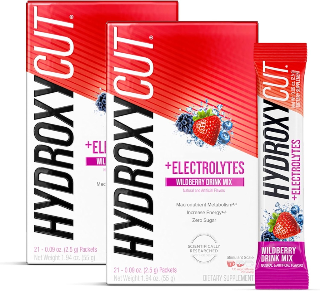 Hydroxycut Drink Mix, Wildberry Blast - 21 Travel-Size Packets, Pack of 2 - Zero Calories, Zero Sugar - Boost Metabolism, Burn Calories, Increase Energy - for Women &amp; Men