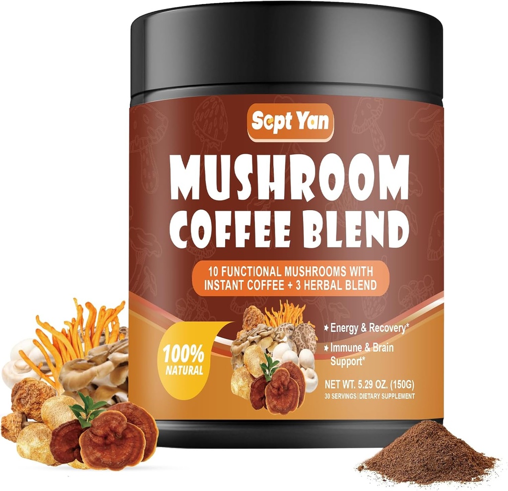Café de setas con 10 setas, Polvo de café instantáneo colombiano con Mane de León, Reishi, Chaga, Cordyceps, Shiitake, Maitake,Tail de pavo - Suplemento de setas para la energía, Focus, Immune Support