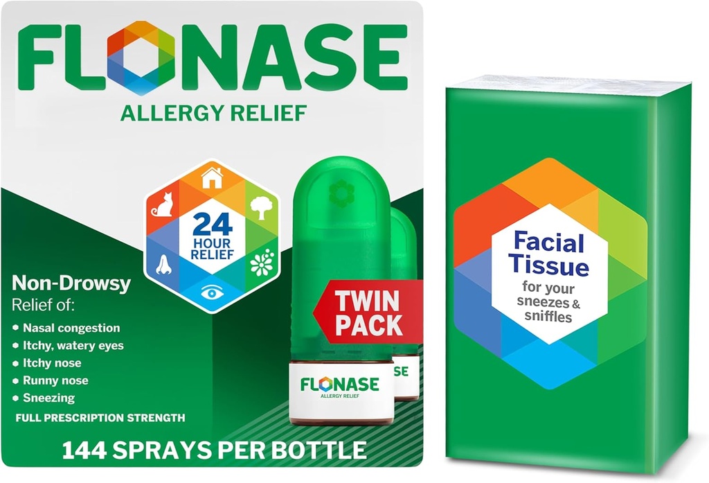 Flonase Alivio de la Alergia Nasal Spray, 24 horas Alivio Multi-Síntoma no Hornos – 144 Sprays (Pack of 2) más Bonus Pack of Tissues