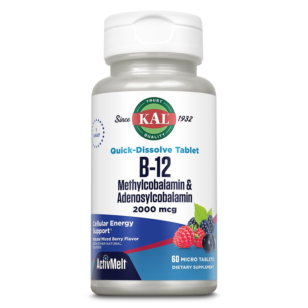 KAL Vitamina B12 Methylcobalamin y Adenosylcobalamin 2000 mcg ActivMelt, B12 Energy Supplements, Metabolism, Nerve, Red Blood Cell Support, High Absorption, Natural Berry, 60 Serv, 60 Micro Tablets