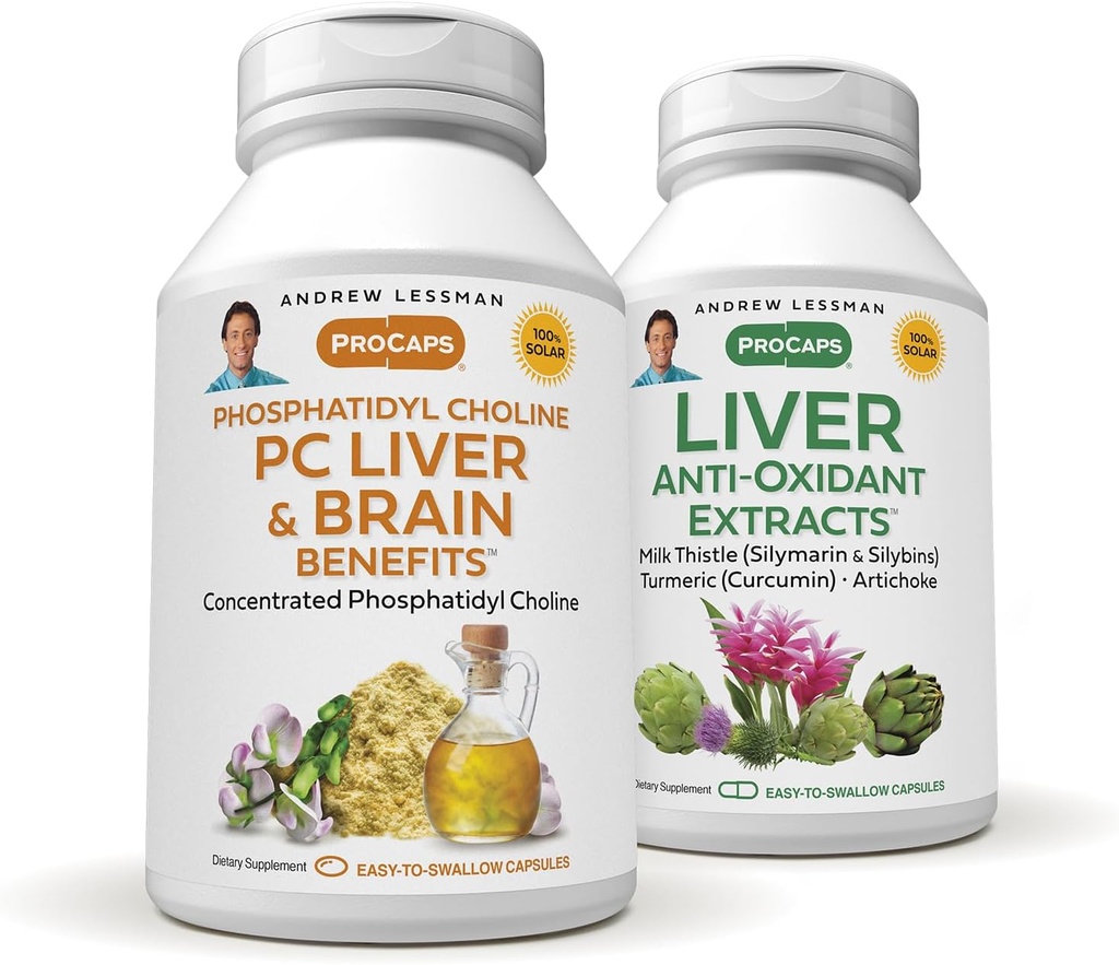 ANDREW LESSMAN PC Liver and Brain benefits + Liver Anti-Oxidant Extracts Kit: 300 cápsulas (180+120) - Phosphatidyl Choline, Milk Thistle, Artichoke, Curcumin.
