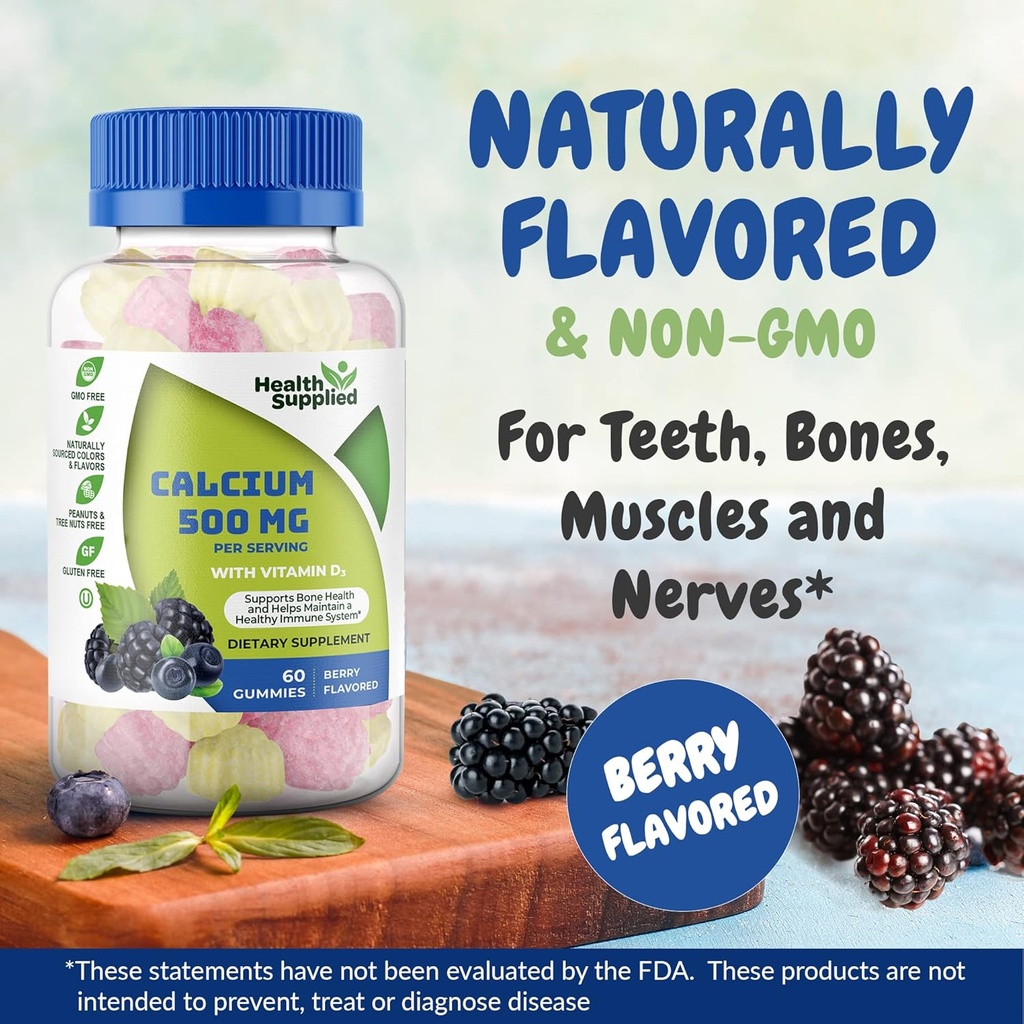 Calcio 500mg con vitamina D3 1000 UI Gummies ← Suplemento dietético diario ← Bone Strength, Growth, Teeth  durable for Adults, Adolescentes, Kids ← Great Tasting Natural Berry Flavor Vitamin Gummy