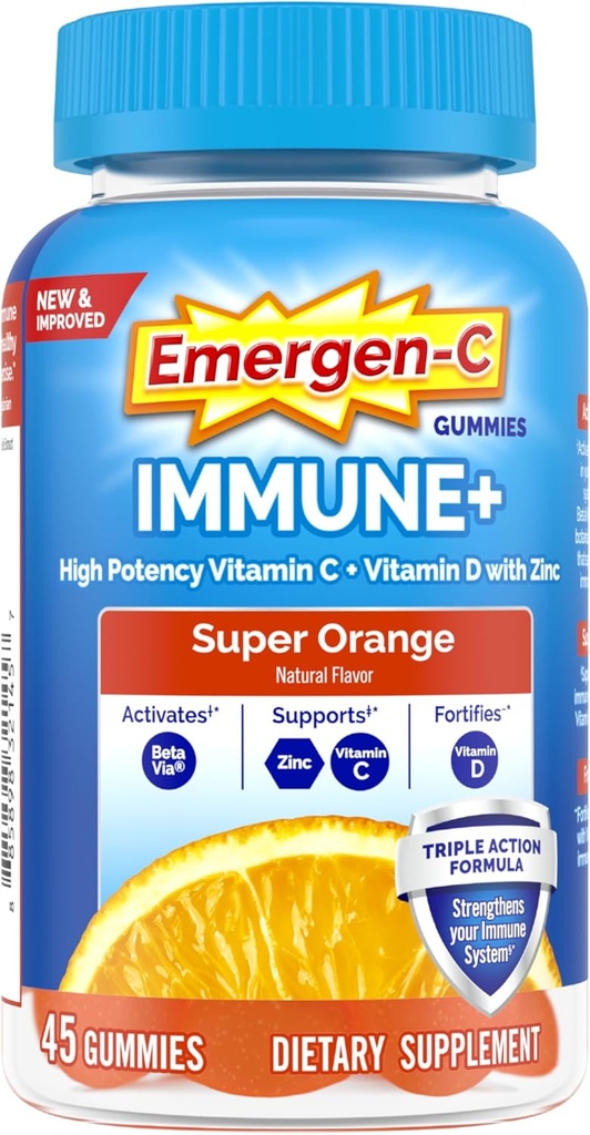 Emergen-C Immune+ Triple Action Immune Support Gummies, BetaVia (R), 1000mg Vitamina C, B Vitaminas, Vitamina D y Antioxidantes, Super Orange - 45 Condes