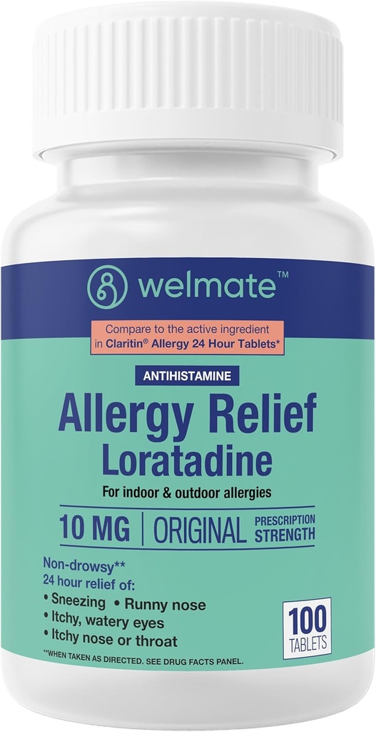WELMATE - Alivio de la alergia - Loratadine 10 mg - 24 horas Alivio Antihistamínico - Runny Nose - Esnezing - Itchy Nose " Throat - Ojos Acuosos - Indoor " Medicamento de alergia al aire libre - 100 Conde
