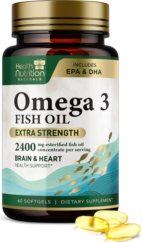 Omega 3 Fish Oil 2400 mg - Triple fuerza Omega-3 Suplementos - Natural Brain Heart Health &amp; Immune Support - Fatty Acids with EPA & DHA - Wild Caught Purified Fish Oil Suplemento - 60 Softgels
